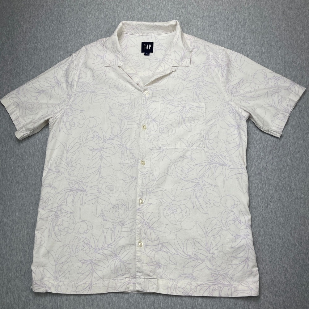 Gap Shirt Mens M Linen Blend Short Sleeve Floral White Purple Button-Down EUC - Picture 1 of 7